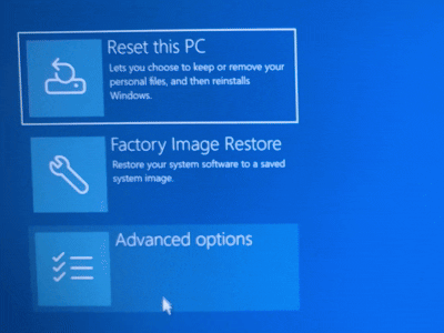 Screenshot of the Troubleshoot screen with Advanced options highlighted.